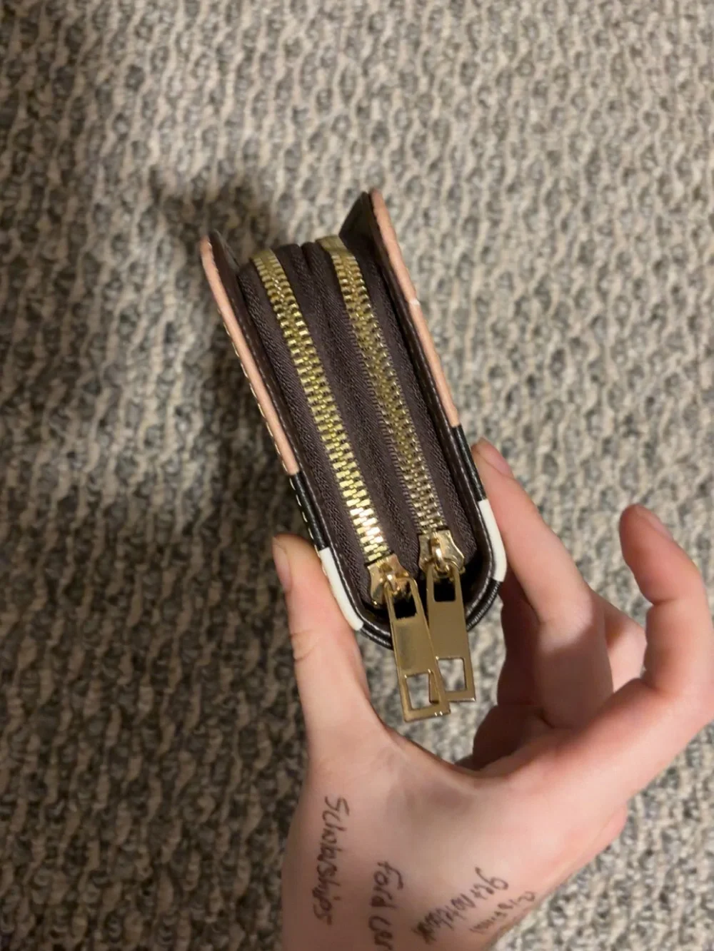 Tan Print Double Zip wallet